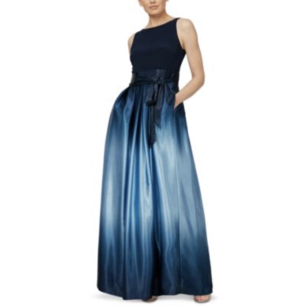 SLNY Fashions Ombré Satin Bow Sash Gown Women Size 14 Blue Zip Closure